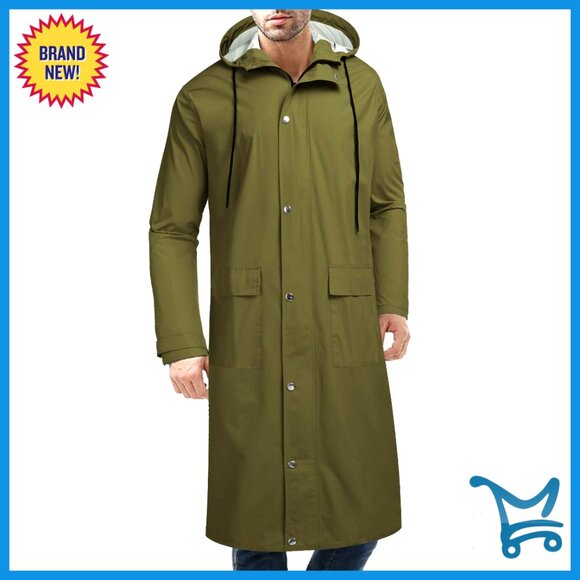 Men's Waterproof Rain Jacket Hooded Lightweight Long Coat Outdoor Active Wear
